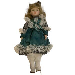 Vtg K.C. Porcelain‎ Doll With Curly Blonde Hair Plaid Lace-Trimmed Dress 16"